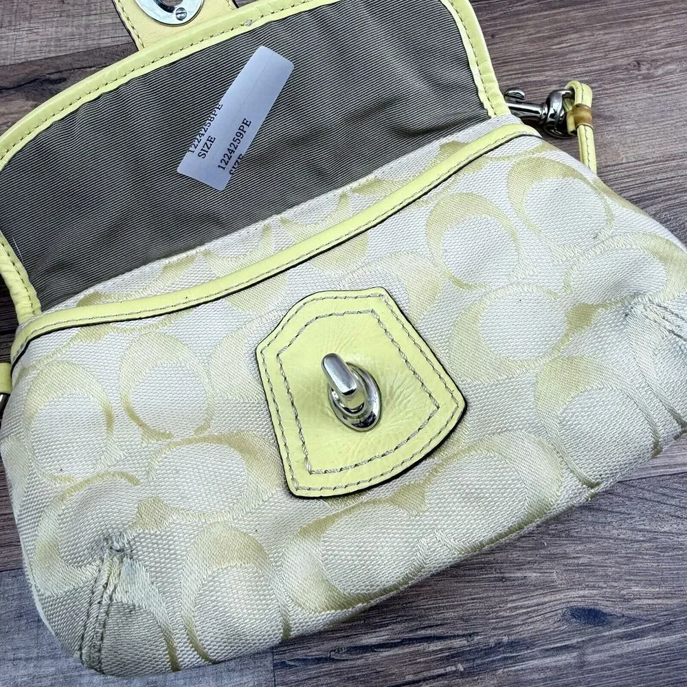 Coach Signature Yellow Canvas Leather Trim Turnlock Wristlet - Coin Wall…